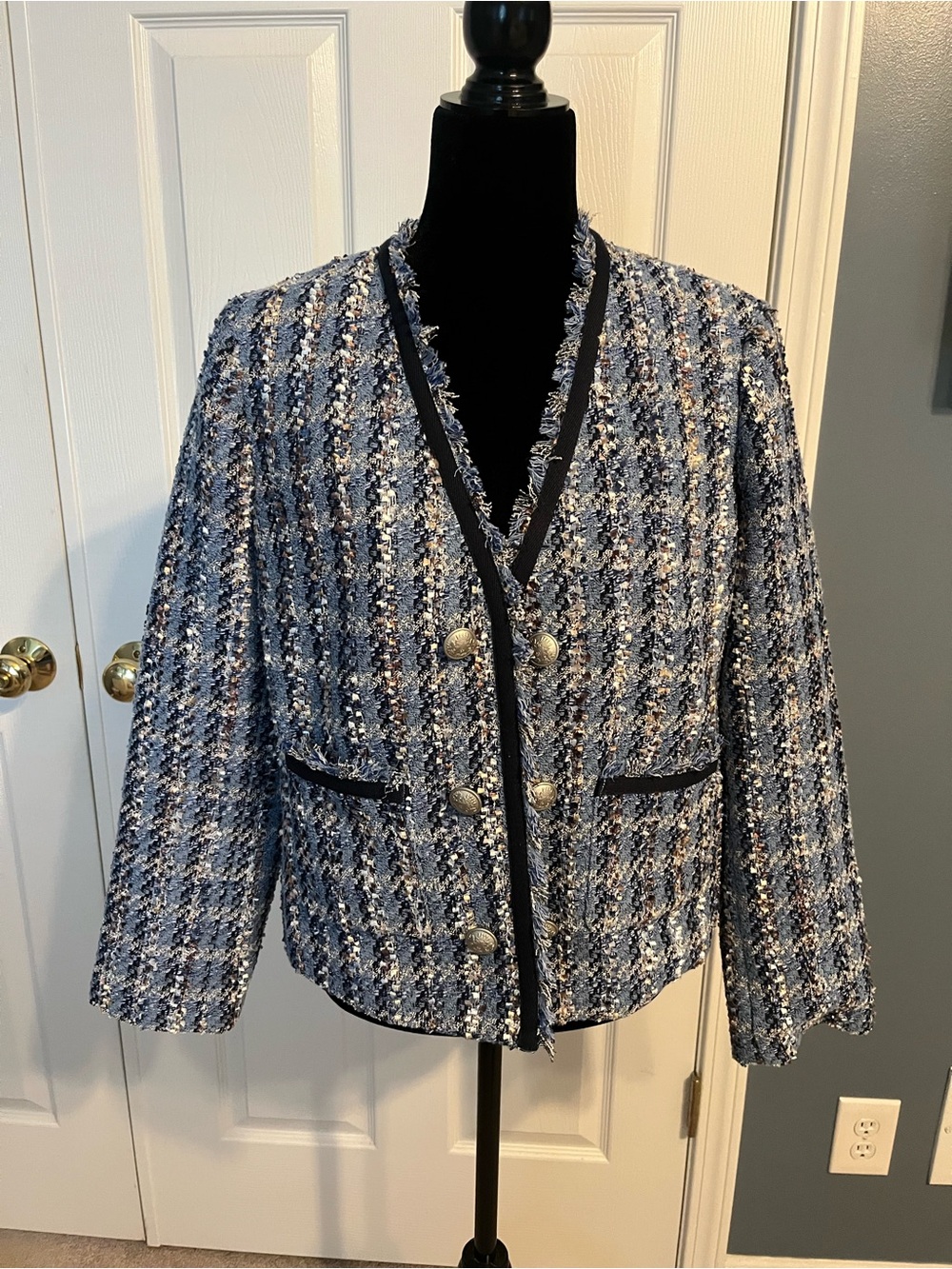 Express Navy and Black Tweed Military-Style Blazer